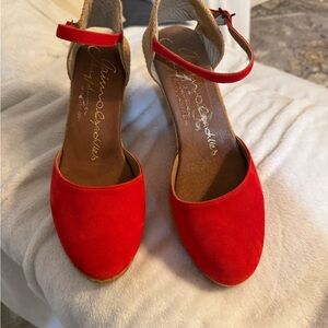 Gaimo Espadrilles - Coral Red Suede Espadrille Ankle-Strap Wedges